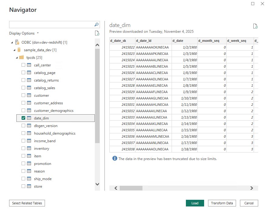 Figure26: Power BI desktop connected to Amazon Redshift and schema browsing