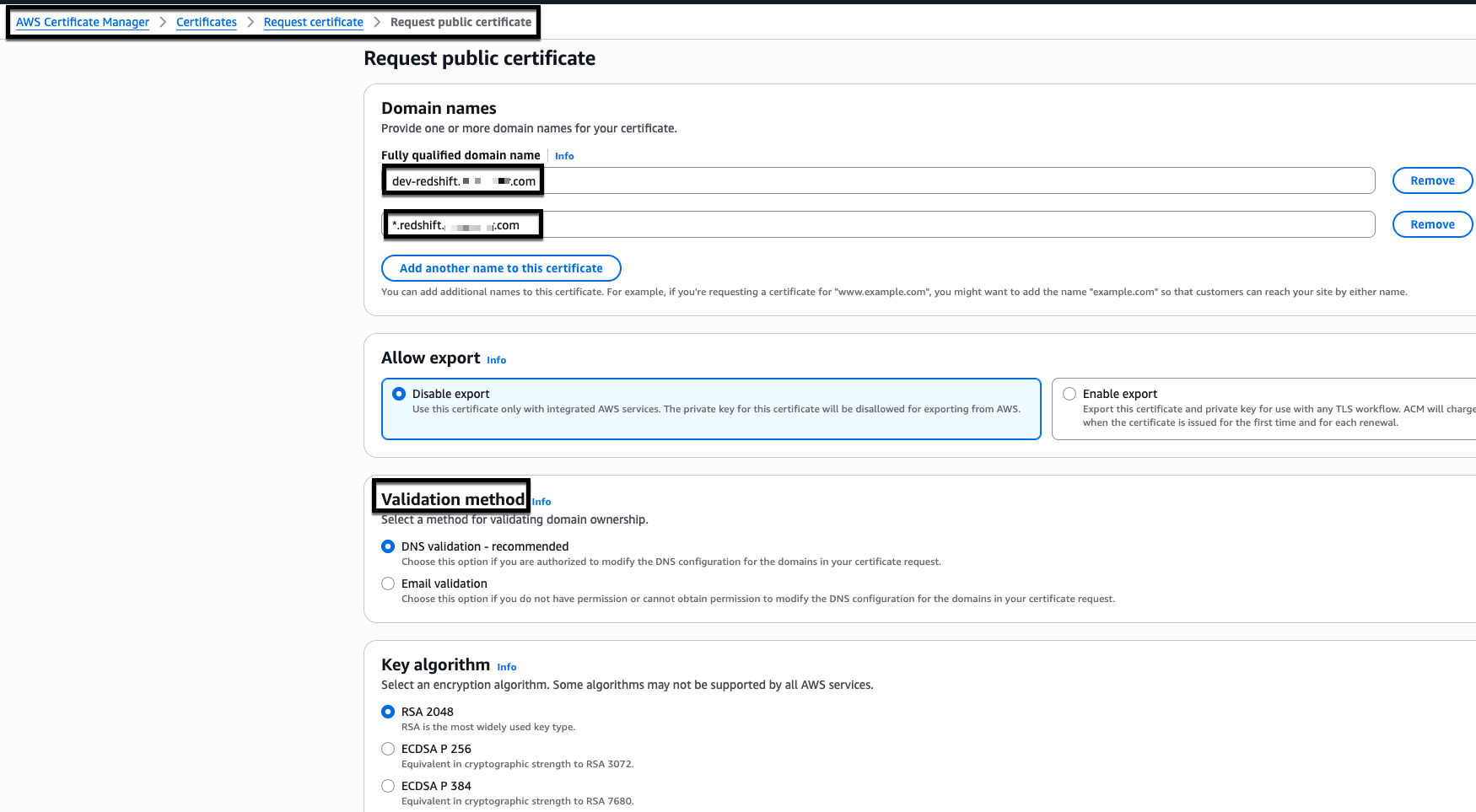 Figure 6: AWS Certificate Manager (ACM) certificate creation