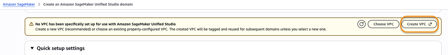 Figure 6 - Create VPC button in SageMaker Unified Studio Create Domain Wizard