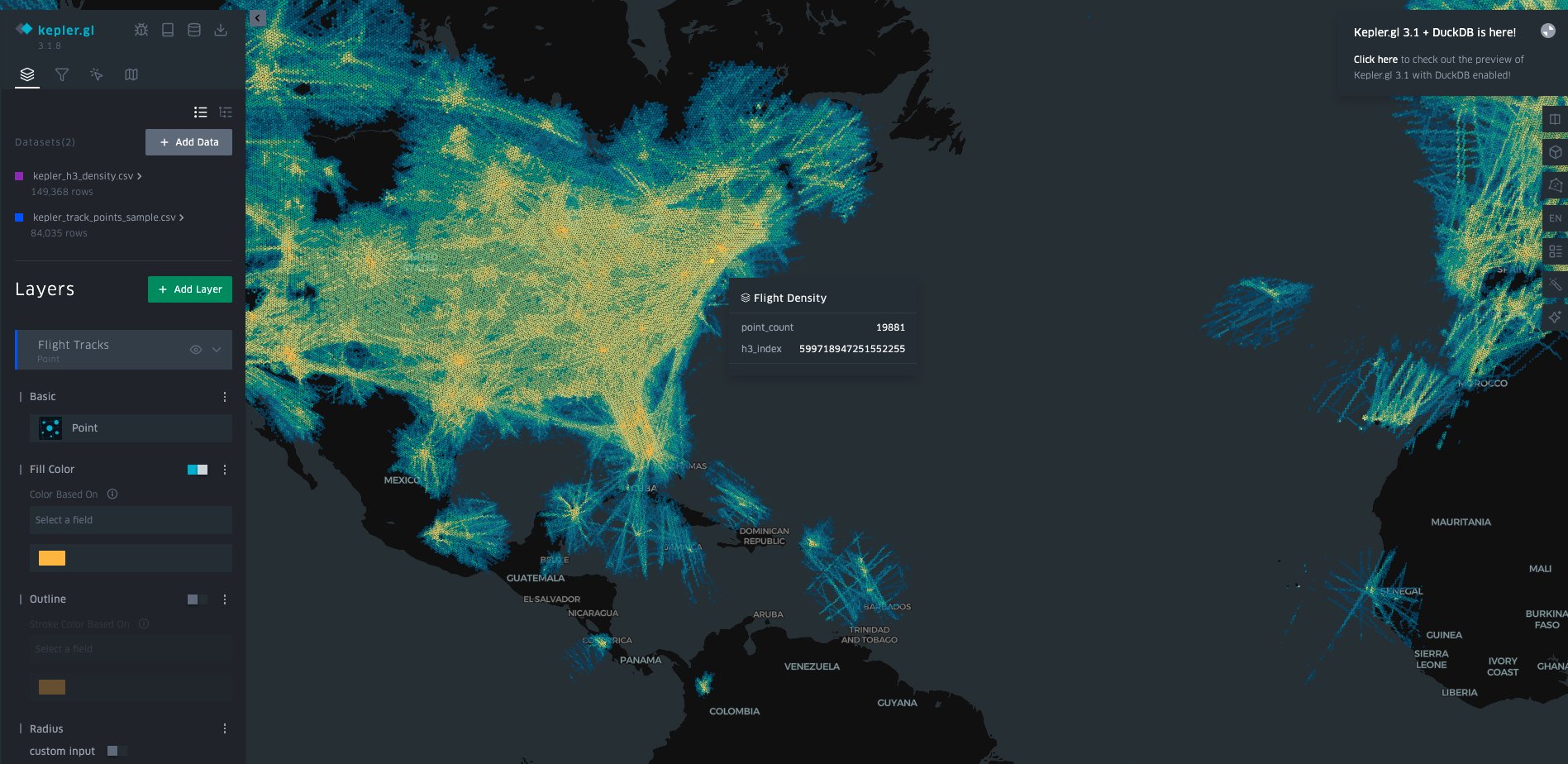 Kepler.gl interactive map visualization displaying global flight density heatmap. High-density areas shown in yellow over North America, particularly the United States.