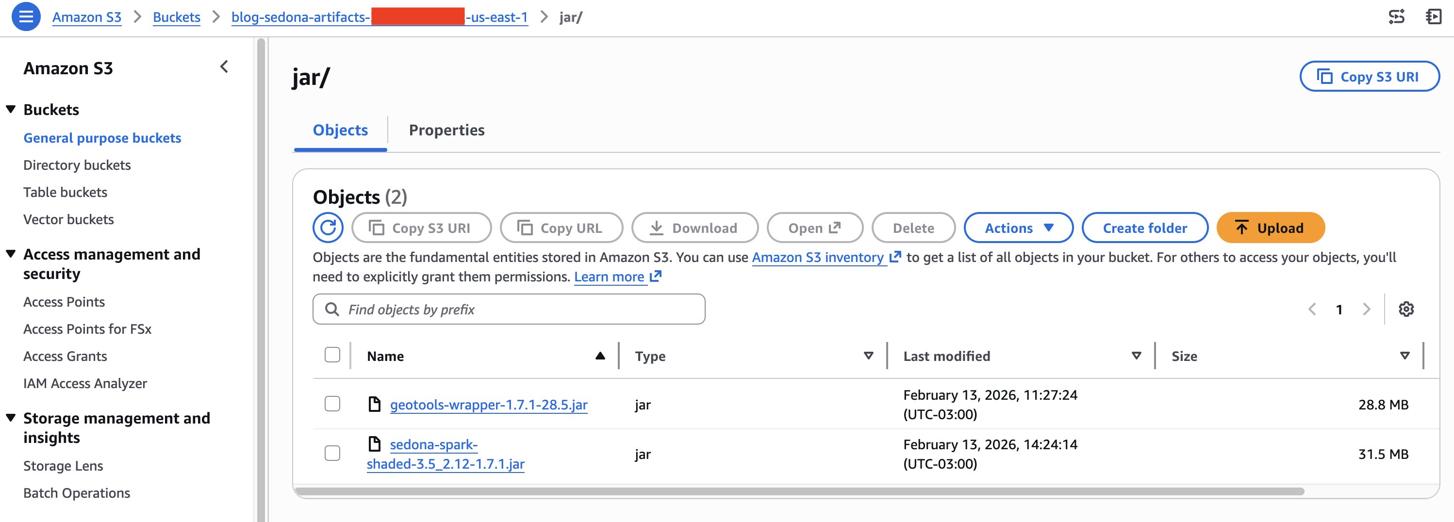 Amazon S3 console screenshot displaying the jar folder contents in blog-sedona-artifacts bucket.
