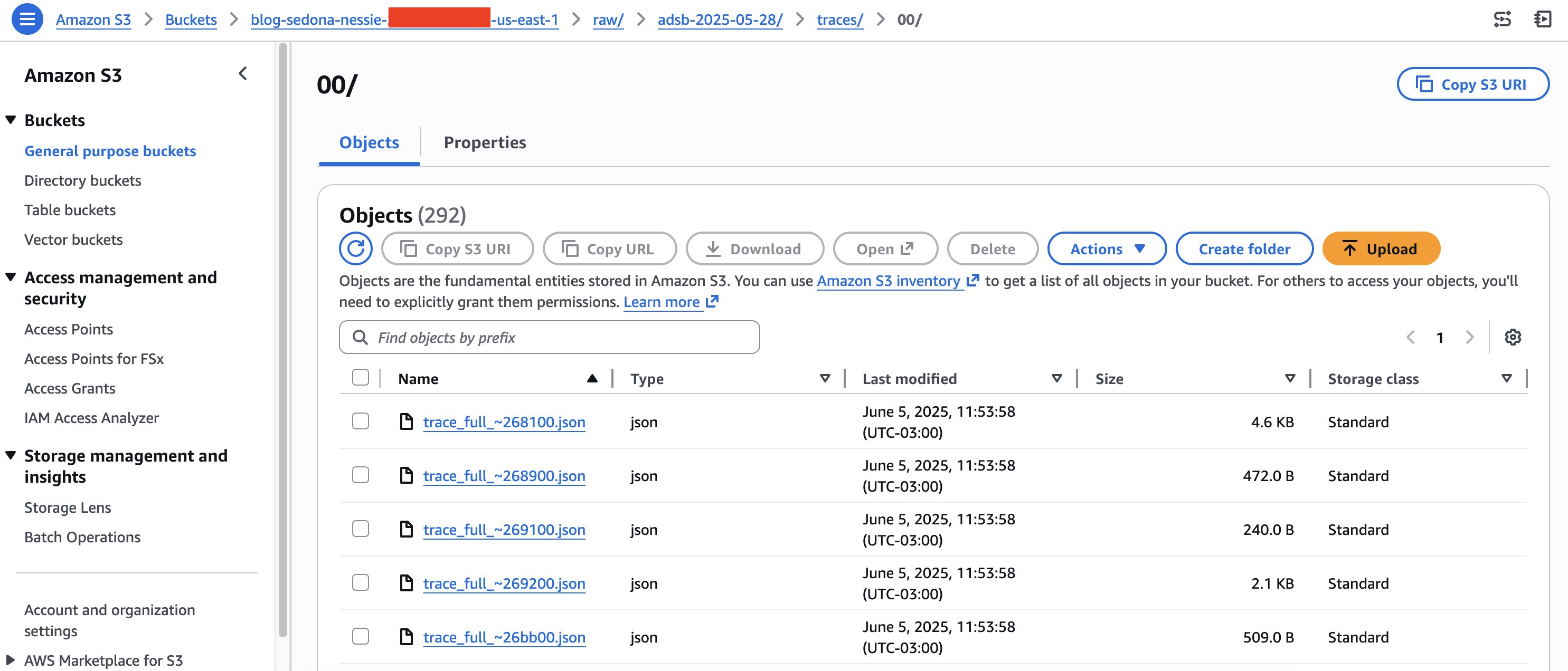 Amazon S3 console showing JSON trace files in the path raw/adsb-2025-05-28/traces/00/.