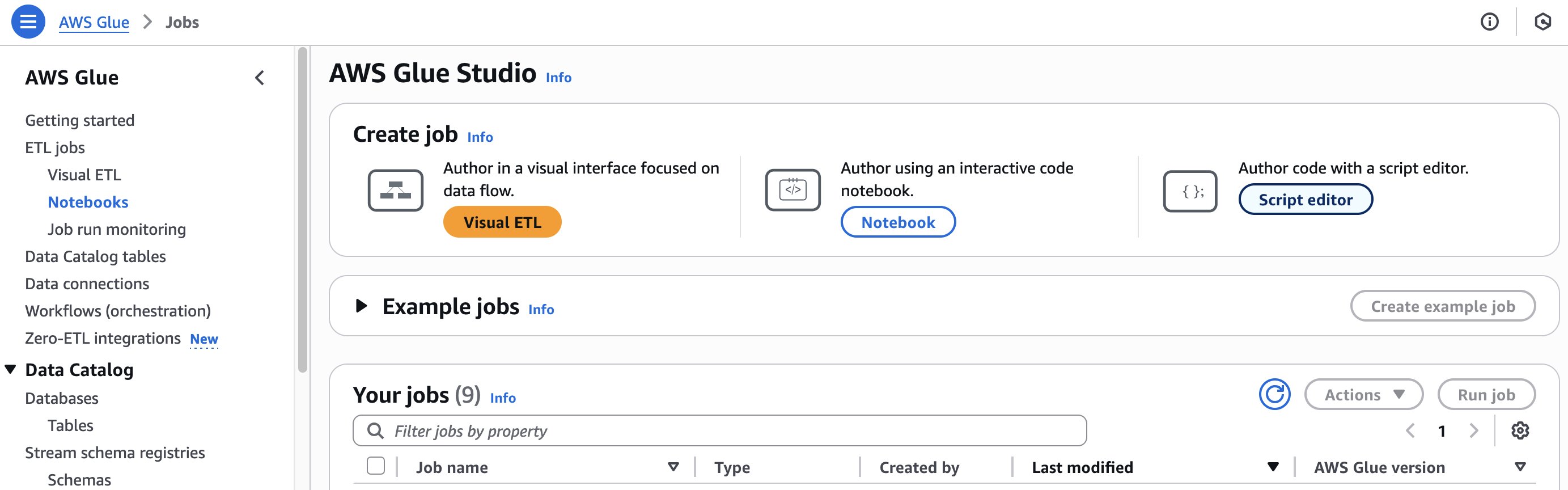 AWS Glue Studio jobs creation interface showing three job creation methods: Visual ETL with data flow interface, Notebook for interactive coding, and Script editor for code authoring