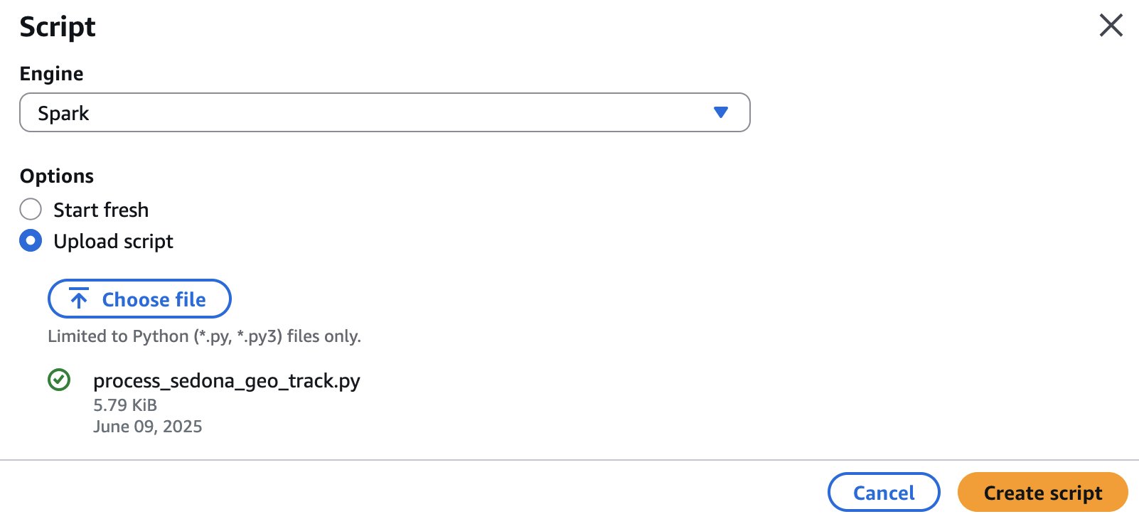 Script creation dialog box with Spark engine selected. Upload script option is active, showing successfully uploaded file process_sedona_geo_track.py.