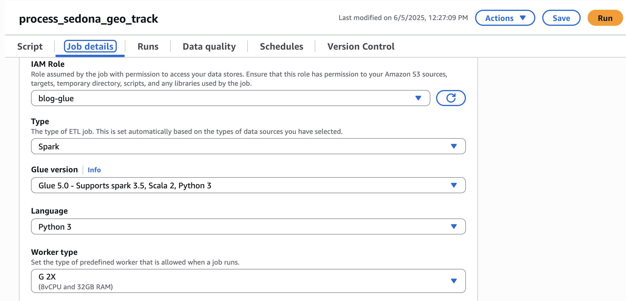 AWS Glue job details configuration page for process_sedona_geo_track.