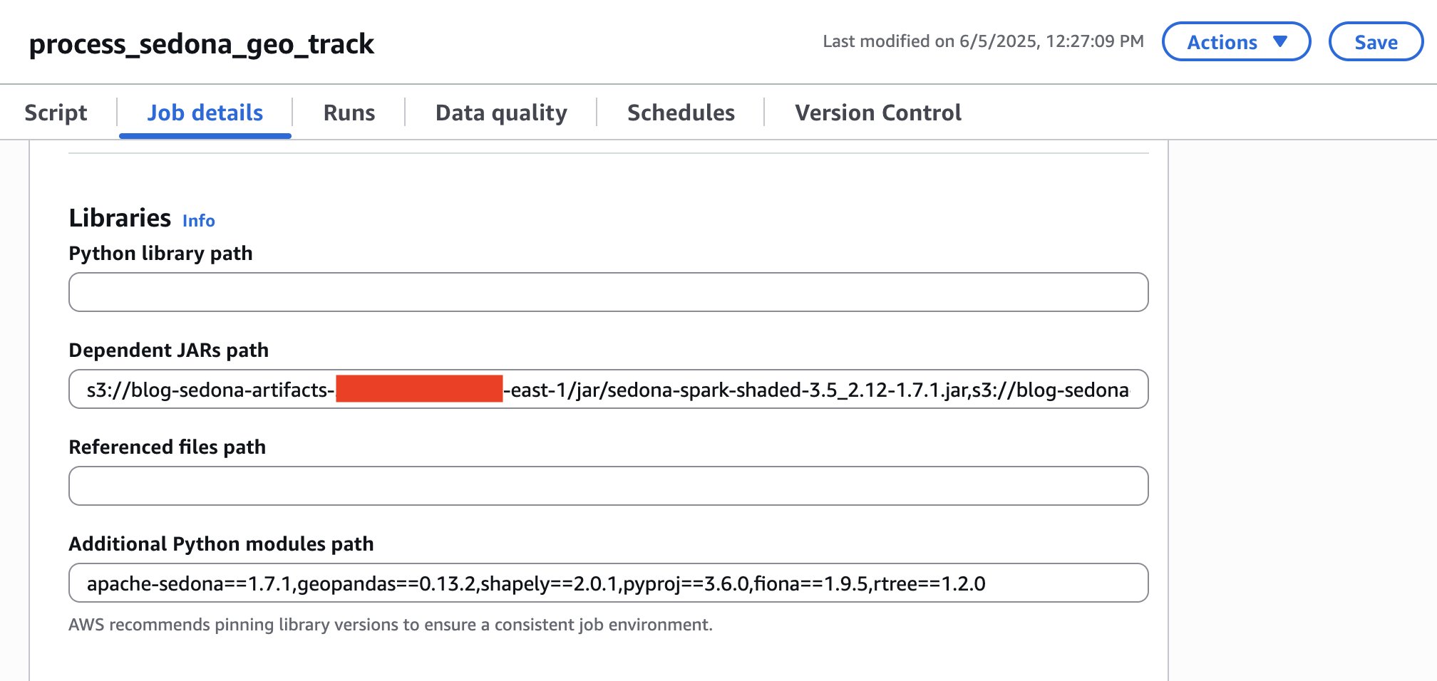 ob libraries configuration section showing Dependent JARs path pointing to S3 bucket.