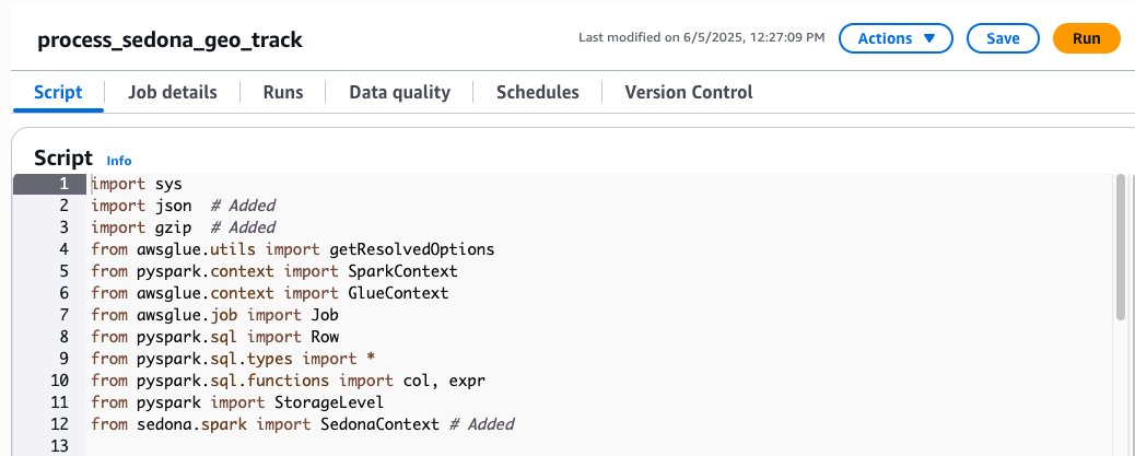 Python script editor showing import statements for process_sedona_geo_track job.