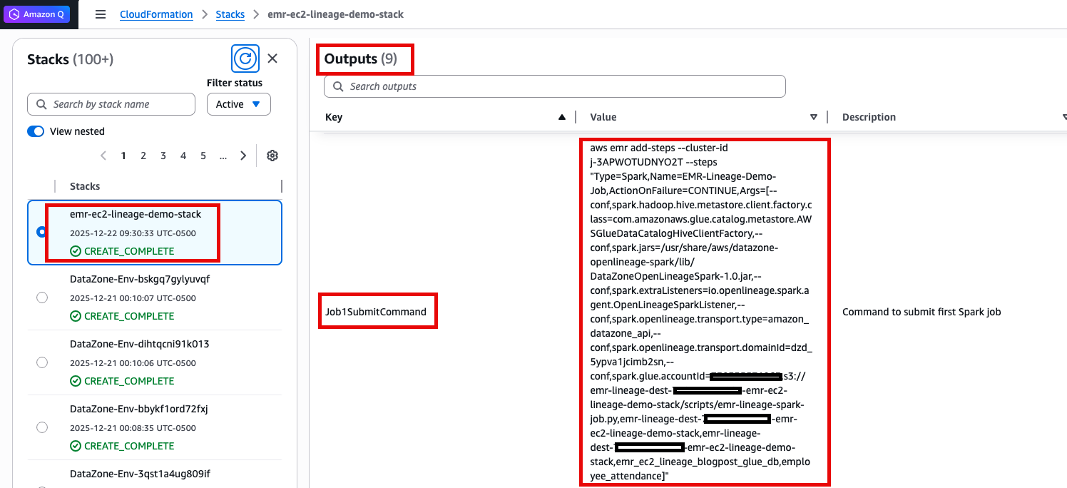 AWS CloudFormation console screenshot showing the Outputs tab for the "emr-ec2-lineage-demo-stack" stack, displaying 9 outputs including the Job1SubmitCommand — an AWS EMR add-steps command with Apache Spark configuration for the EMR Lineage Demo Job targeting cluster j-3APWOTUDNYO2T.