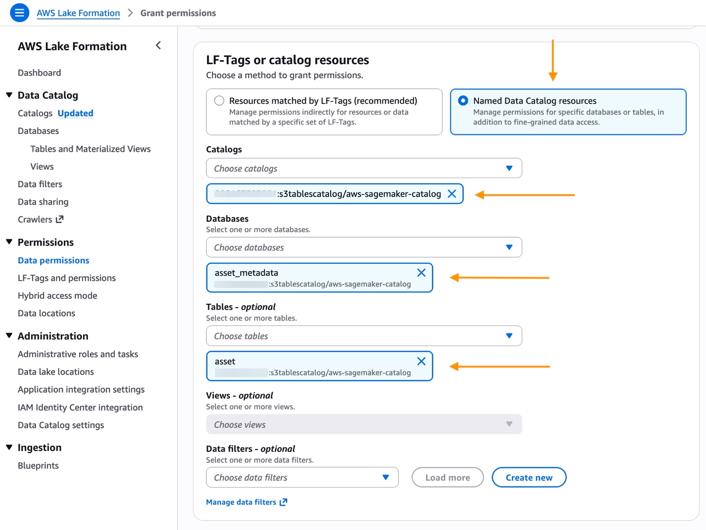 AWS Lake Formation Grant Permissions page showing Named Data Catalog resources method with s3tablescatalog/aws-sagemaker-catalog selected, asset_metadata database, and asset table configured