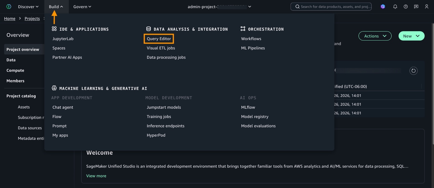 SageMaker Unified Studio project overview dashboard showing IDE and Applications, Data Analysis and Integration with Query Editor highlighted, Orchestration, and Machine Learning and Generative AI categories