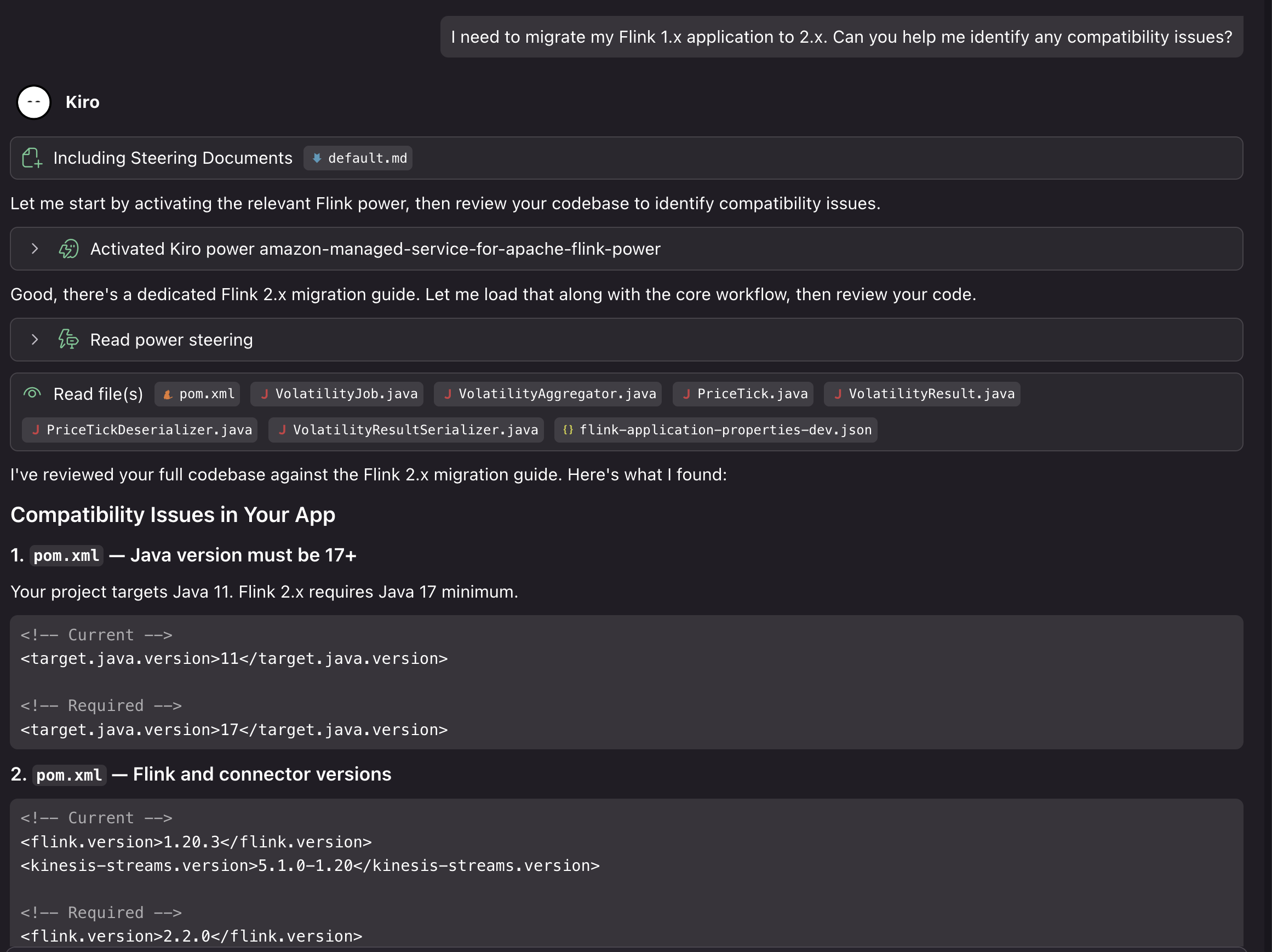 Kiro analyzing Flink 1.x code for 2.2 compatibility issues