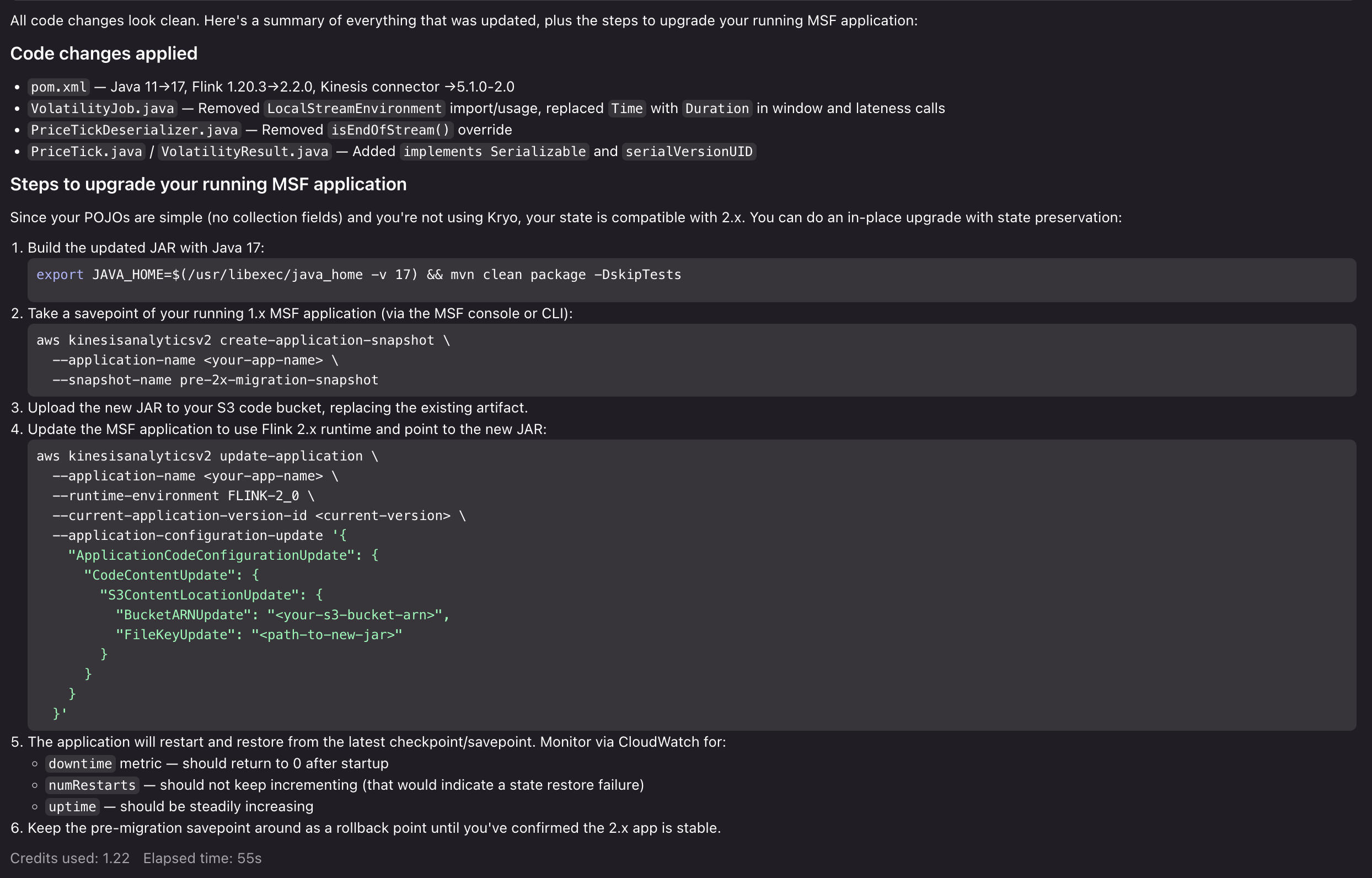 Kiro providing a step-by-step migration plan for Flink 2.2