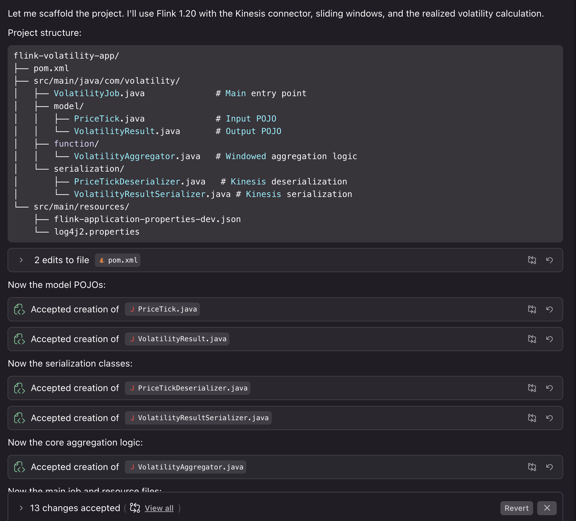 Generated project structure with Flink dependencies and Kinesis connectors