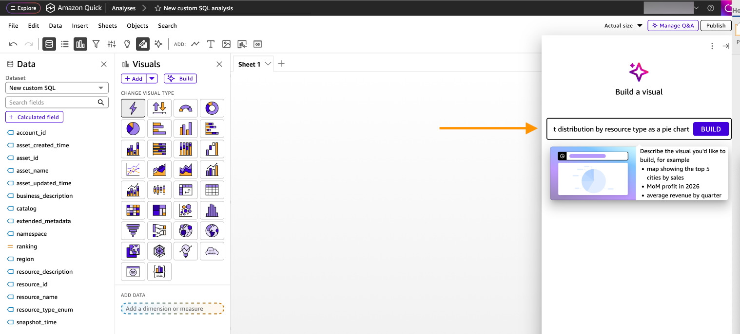 Amazon QuickSight analysis editor with the Build a visual panel open on the right side. An orange arrow points to the natural language input field where the user has typed a prompt requesting asset distribution by resource type as a pie chart, with a Build button next to it. Below the input field, a tooltip explains to describe the visual you would like to build with examples including map showing the top 5 cities by sales, MoM profit in 2026, and average revenue by quarter. The left Data panel shows dataset fields and the center Visuals panel displays available chart types.