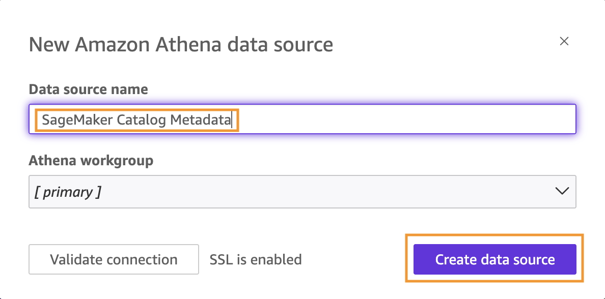 Amazon QuickSight New Amazon Athena data source configuration dialog. The Data source name field is highlighted with an orange box and contains the value SageMaker Catalog Metadata. The Athena workgroup dropdown is set to primary. A Validate connection button and SSL is enabled label appear at the bottom left. An orange box highlights the Create data source button at the bottom right.