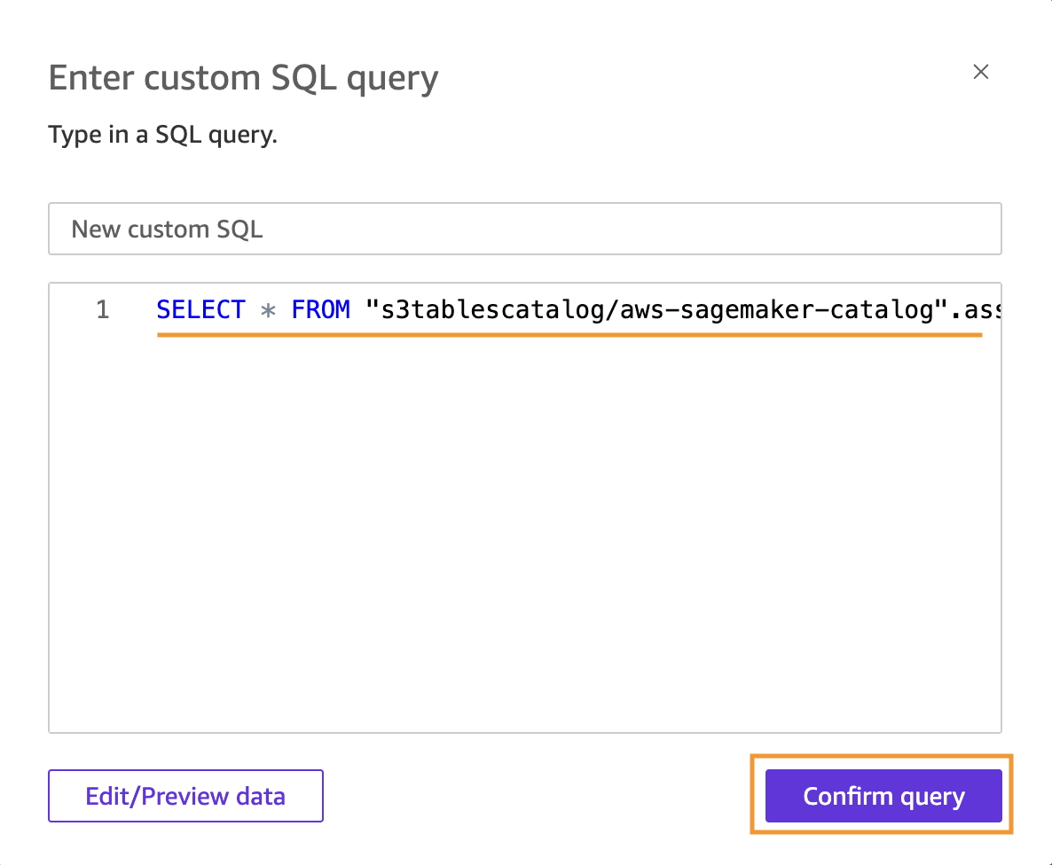 Amazon QuickSight Enter custom SQL query dialog. The query name field shows New custom SQL. The SQL editor contains a query reading SELECT FROM s3tablescatalog/aws-sagemaker-catalog with the query text underlined in orange. An orange box highlights the Confirm query button at the bottom right. An Edit/Preview data button appears at the bottom left.