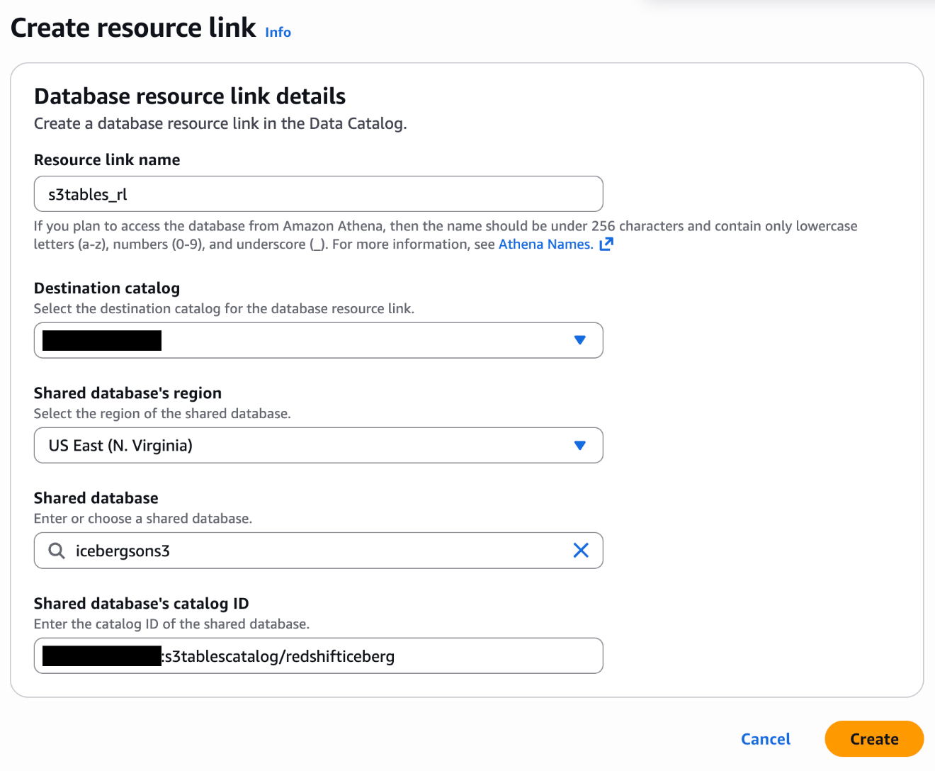 Resource link creation in Lake Formation with catalog ID and shared database configured