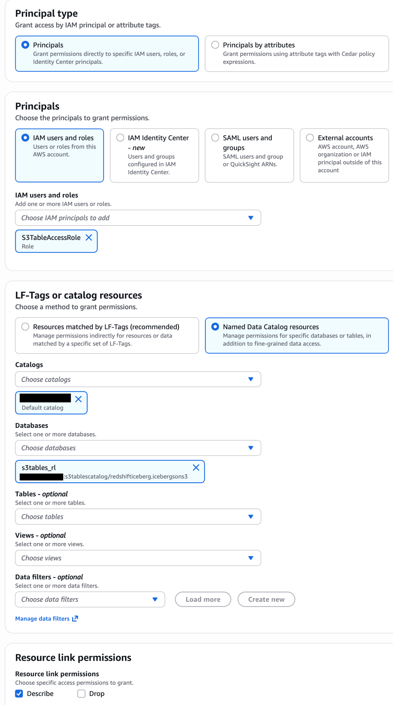 Lake Formation DESCRIBE permission on resource link database