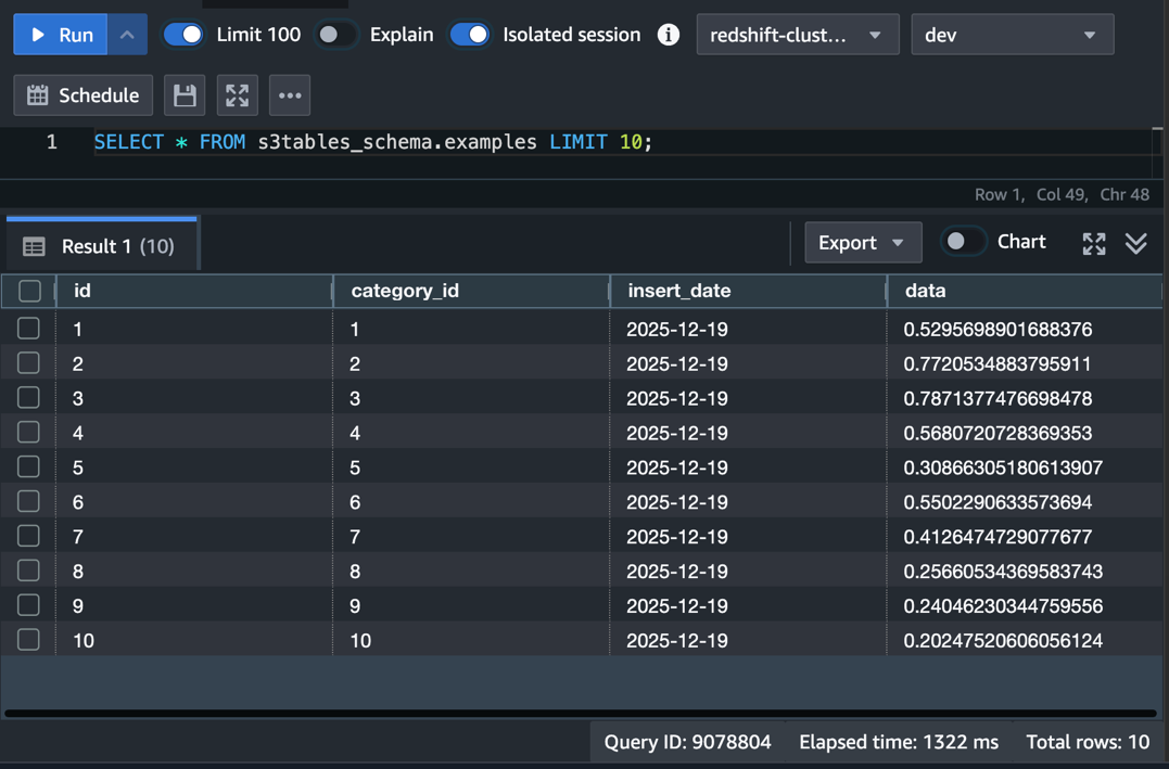 Query results showing two-part notation returning rows from the examples table