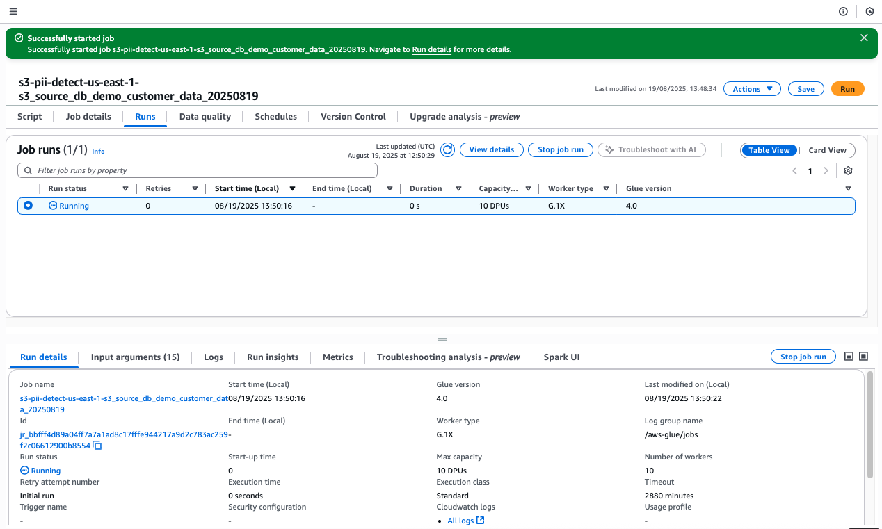 AWS Glue PII detection job running with 10 DPUs, G.1X worker type, Glue version 4.0, showing run details