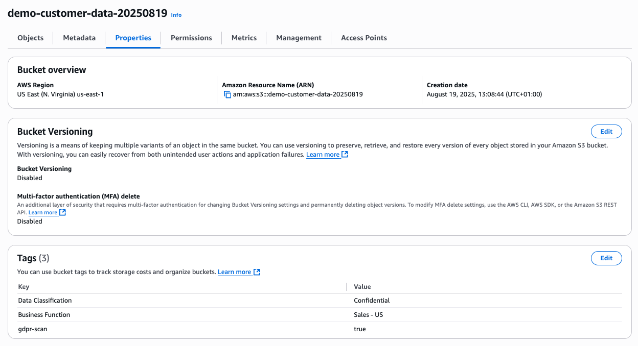 S3 bucket properties with versioning disabled and data classification tags