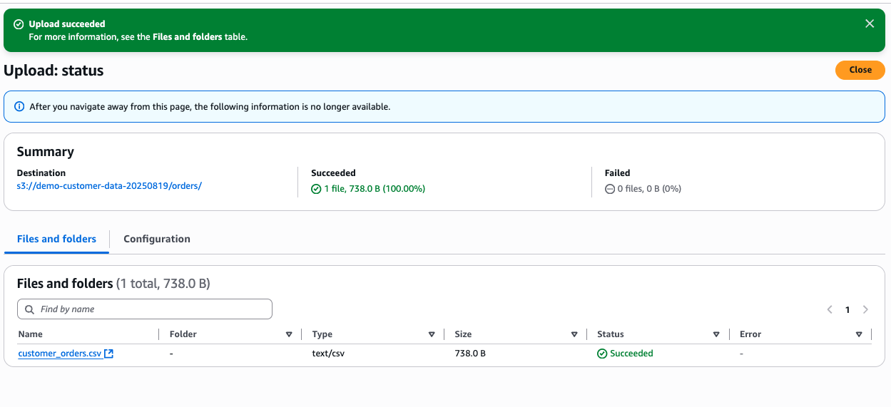 S3 upload succeeded showing customer_orders.csv uploaded