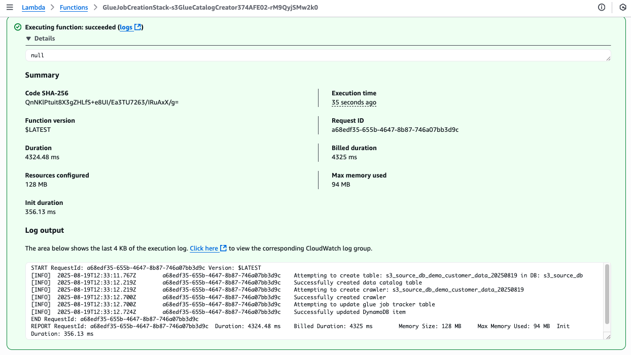 Lambda function execution succeeded with logs showing Glue table, crawler, and DynamoDB item creation