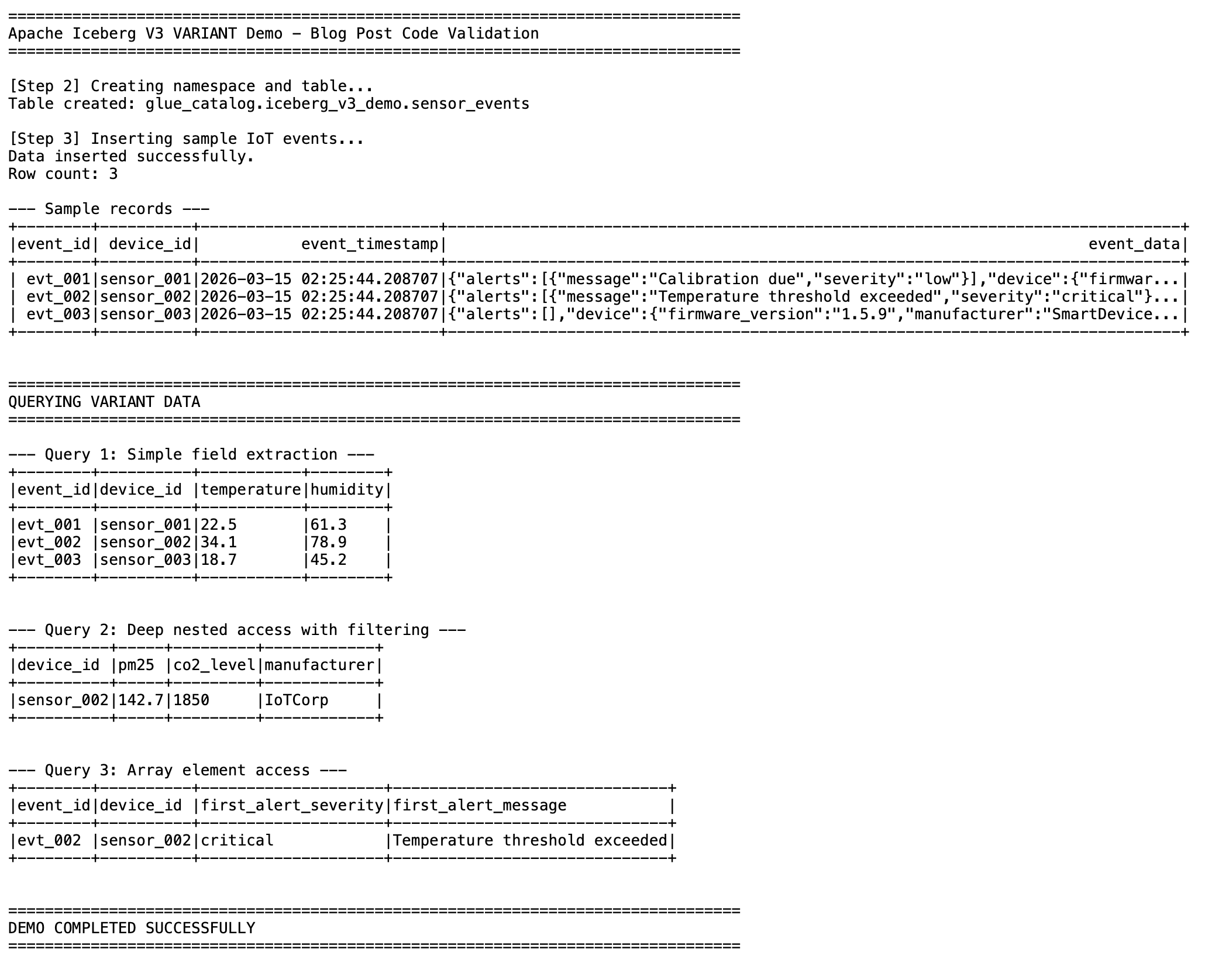 Query results showing simple field extraction, nested access with filtering, and array element access from the VARIANT column