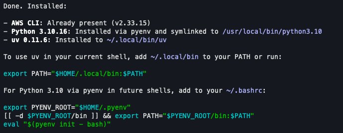 Kiro CLI output showing successful installation of AWS CLI, Python, and uv