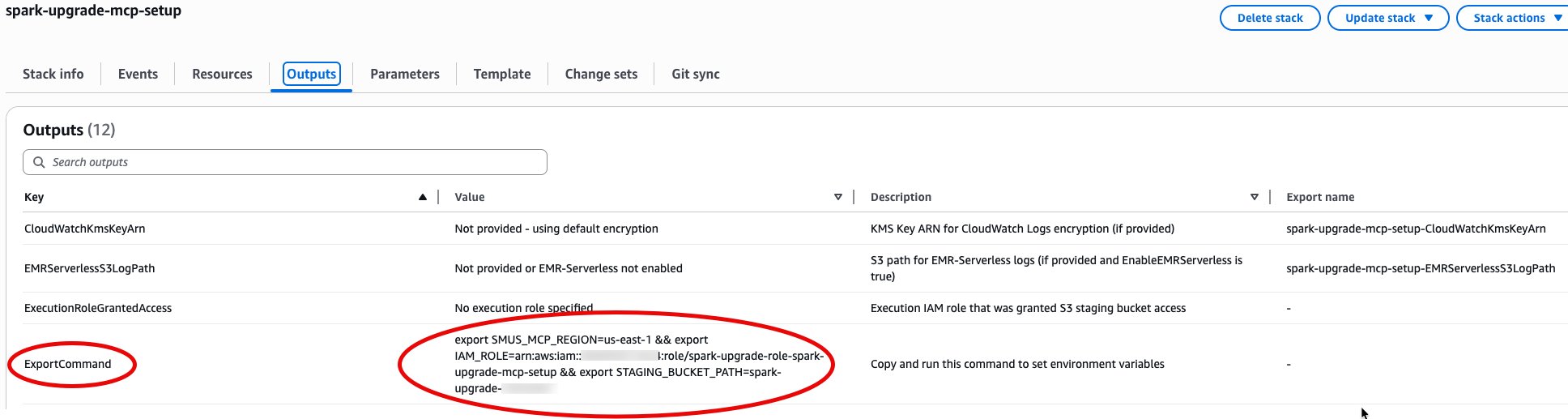 CloudFormation Outputs tab showing ExportCommand with SMUS_MCP_REGION, IAM_ROLE, and STAGING_BUCKET_PATH values