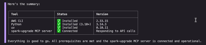 Kiro CLI output confirming spark-upgrade MCP server connection and tool availability