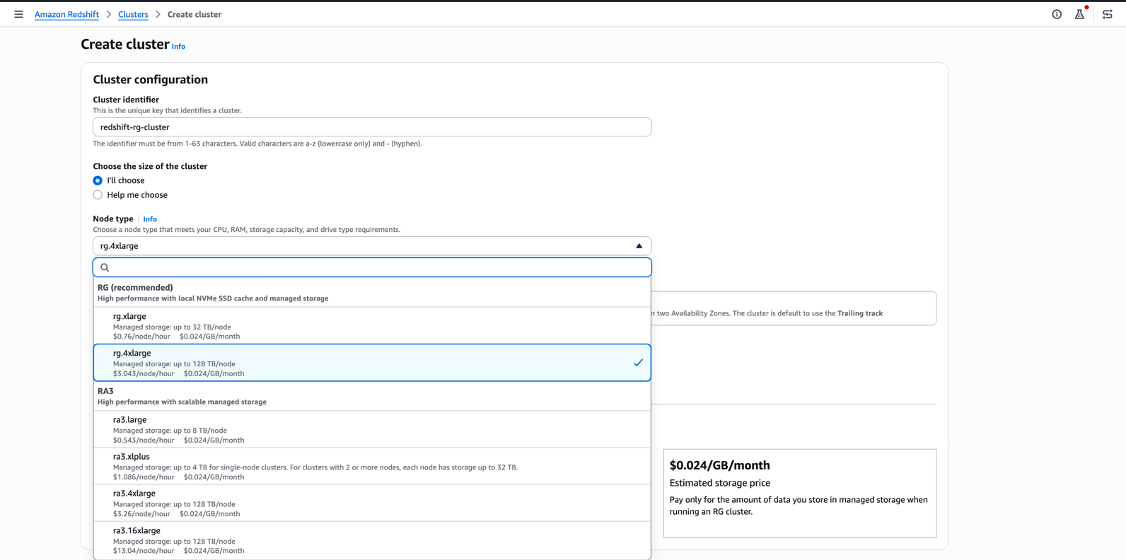 Amazon Redshift console showing the Create Cluster screen with RG node type selection