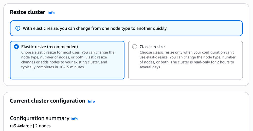 Amazon Redshift console showing the Elastic Resize option for migrating to RG instances