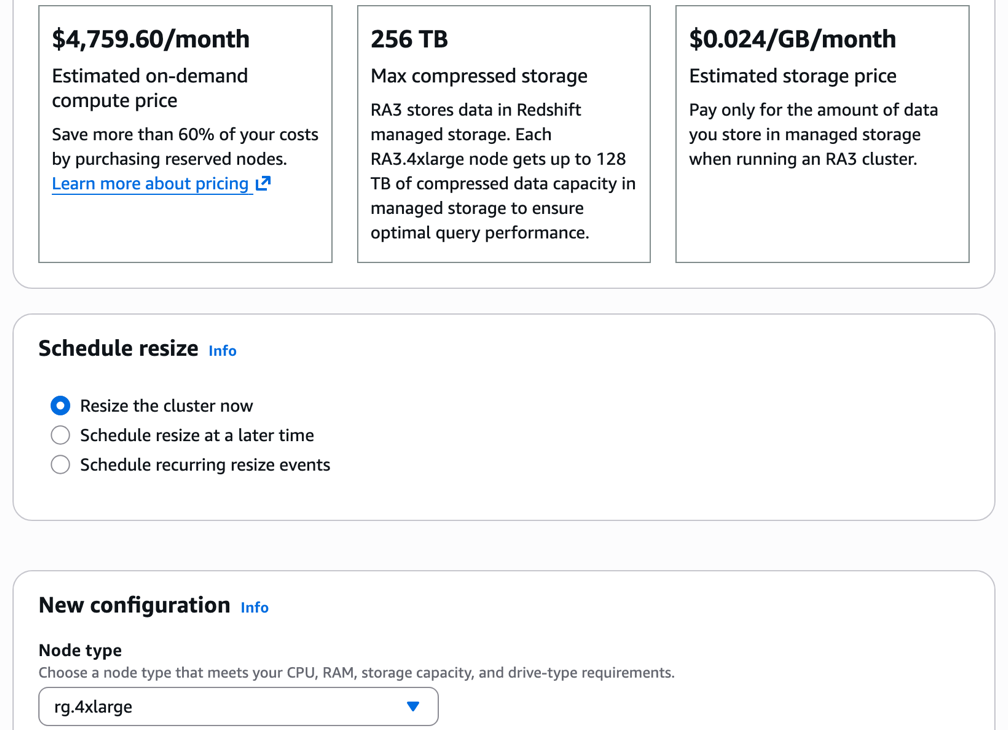 Amazon Redshift console showing the node type selection during resize