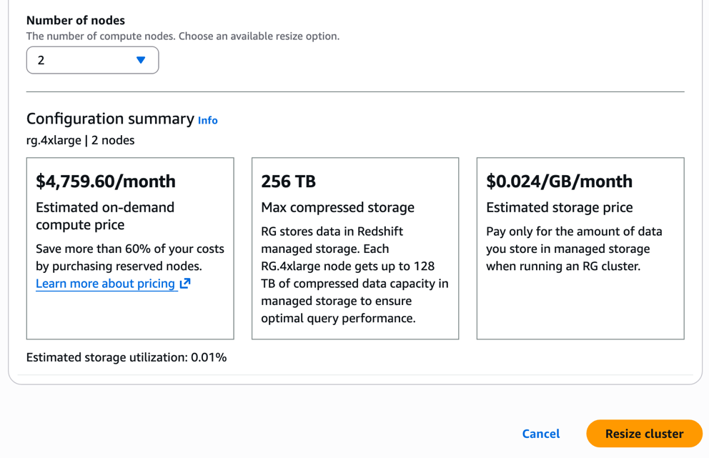Amazon Redshift console showing the resize confirmation screen