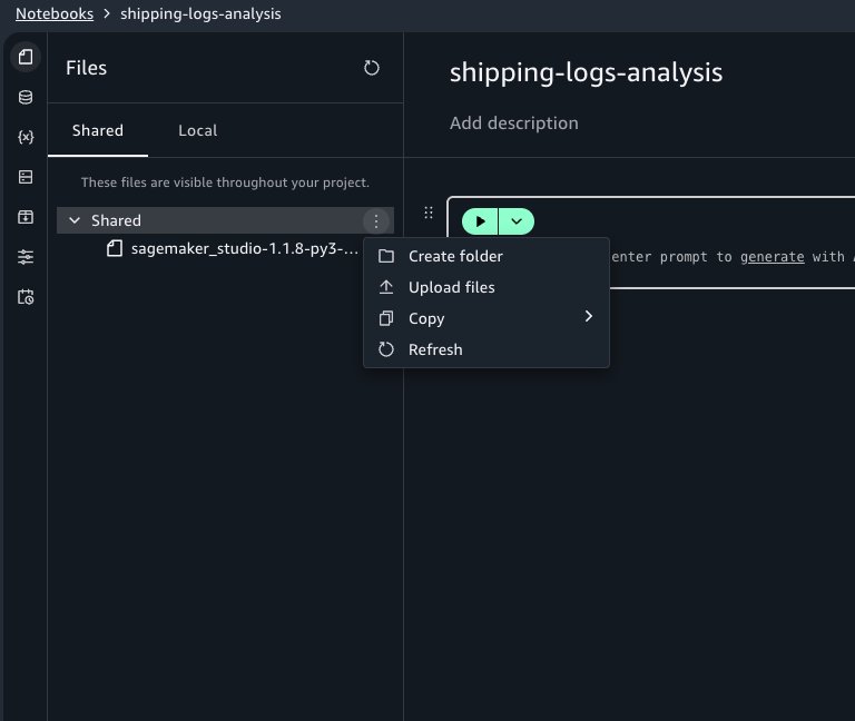 SageMaker Unified Studio Notebook Files panel showing the Shared tab with the ShippingLogs.csv dataset uploaded