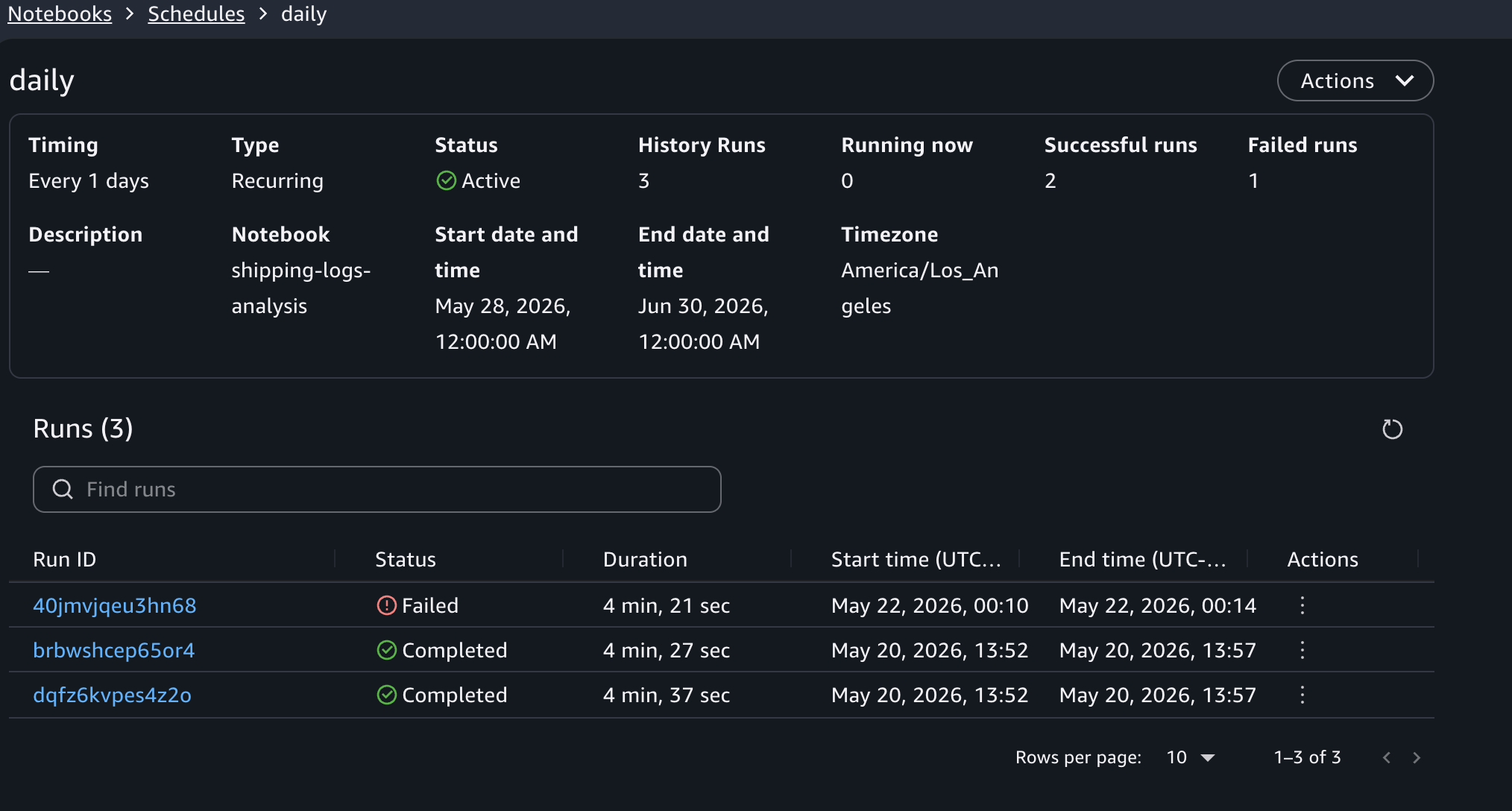 Schedule details view showing the list of past runs with status, duration, and output links