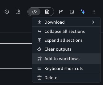 Notebook header options menu with the Add to workflows button highlighted