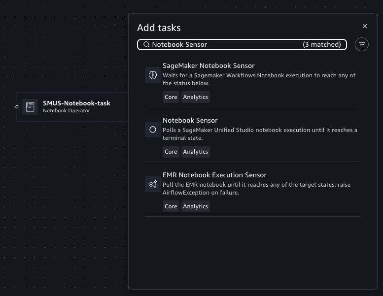 Task picker dialog with Notebook Sensor selected for adding to the workflow canvas