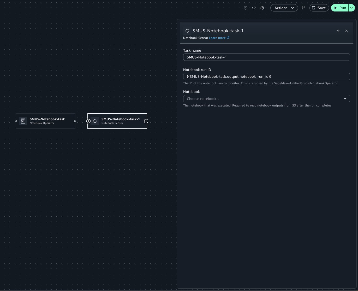 Notebook Sensor configuration panel with the notebook run ID field populated using Jinja templating
