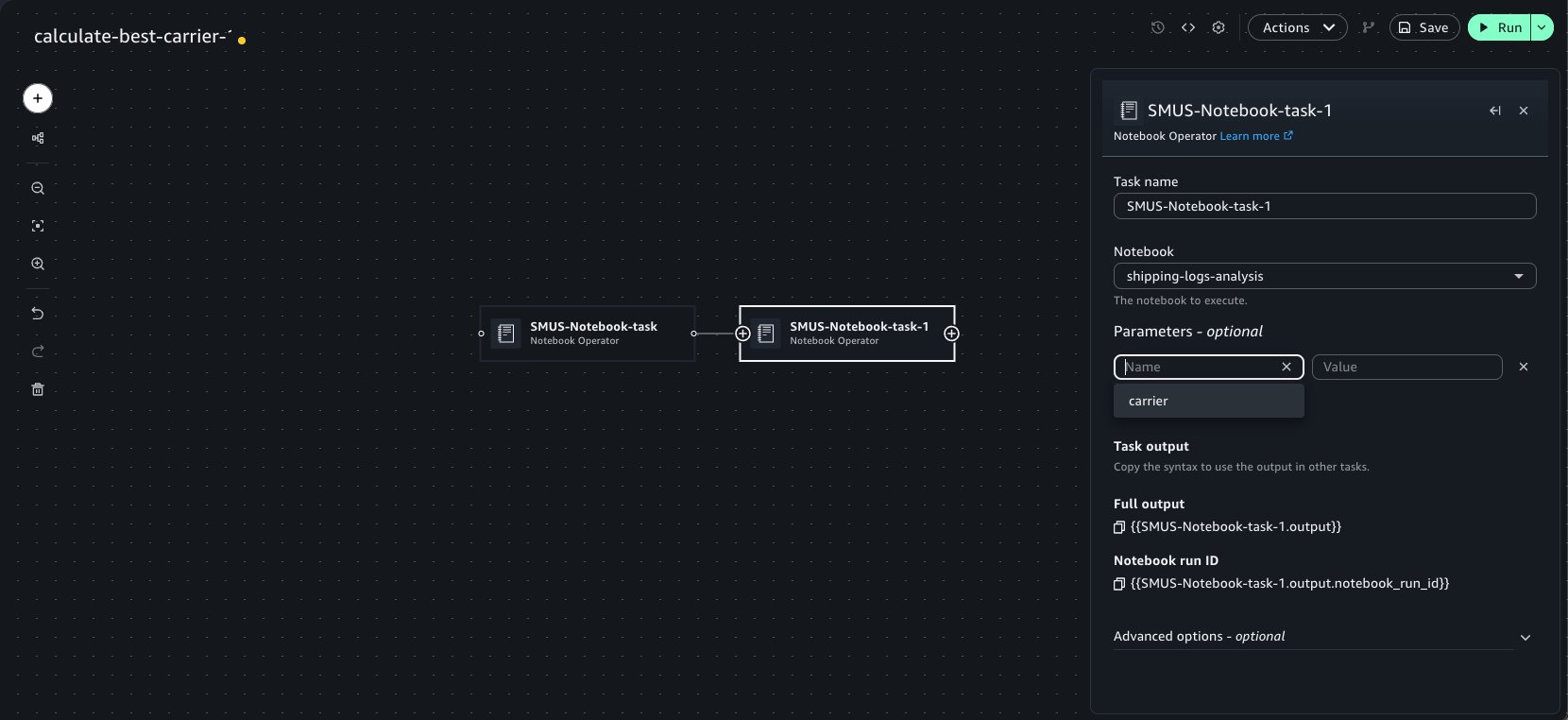 Parameters widget menu of a Notebook Operator showing carrier as a configurable parameter dependency