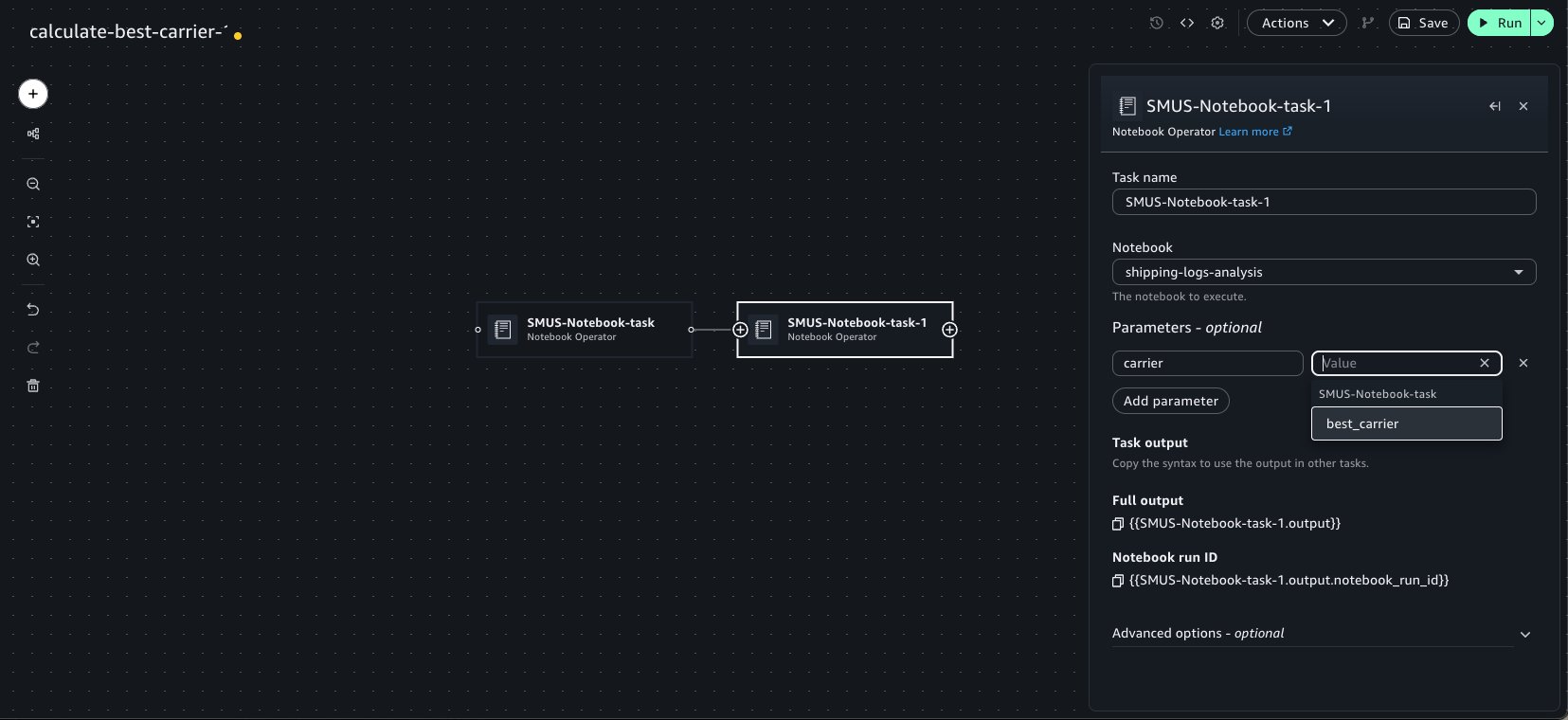 Parameters widget displaying best_carrier as a selectable upstream output to pass into the next Operator