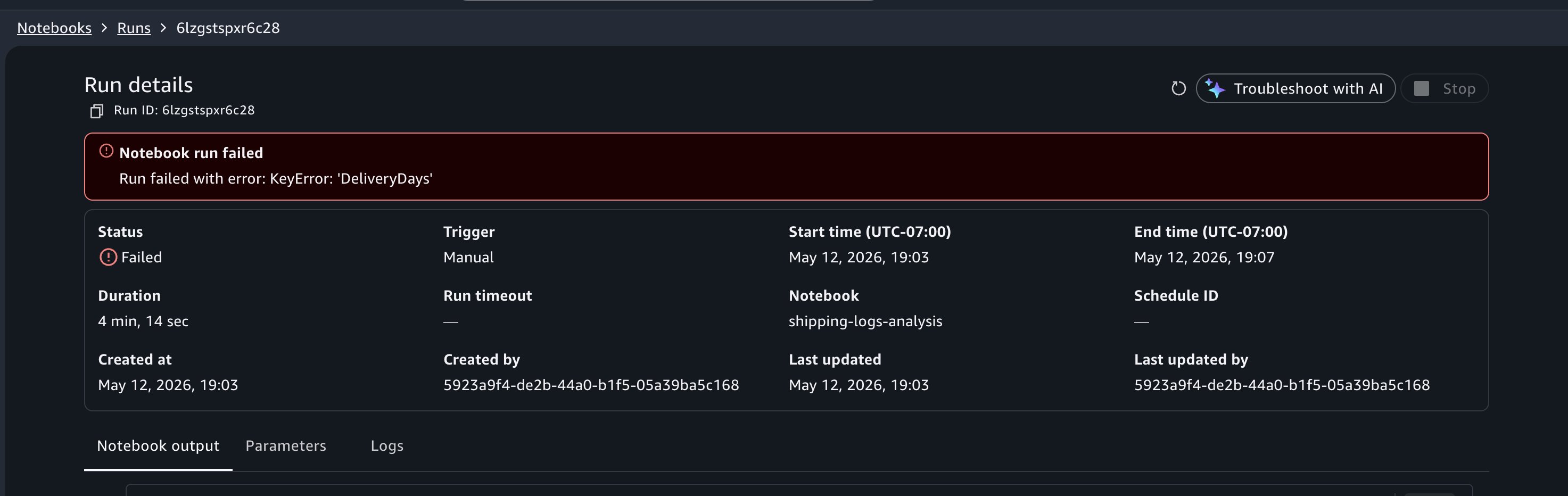 Failed run output with the Troubleshoot with AI button highlighted at the top of the page