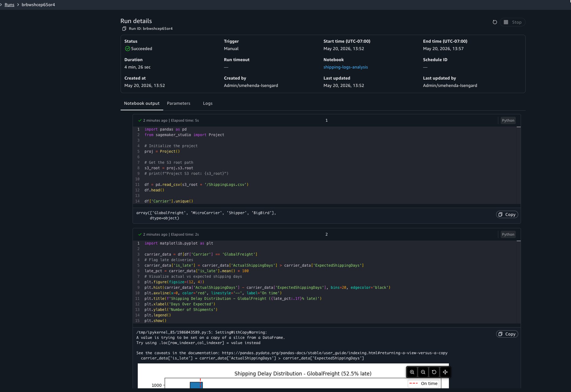 Run details view showing the Output, Parameters, and Logs tabs with rendered cell output