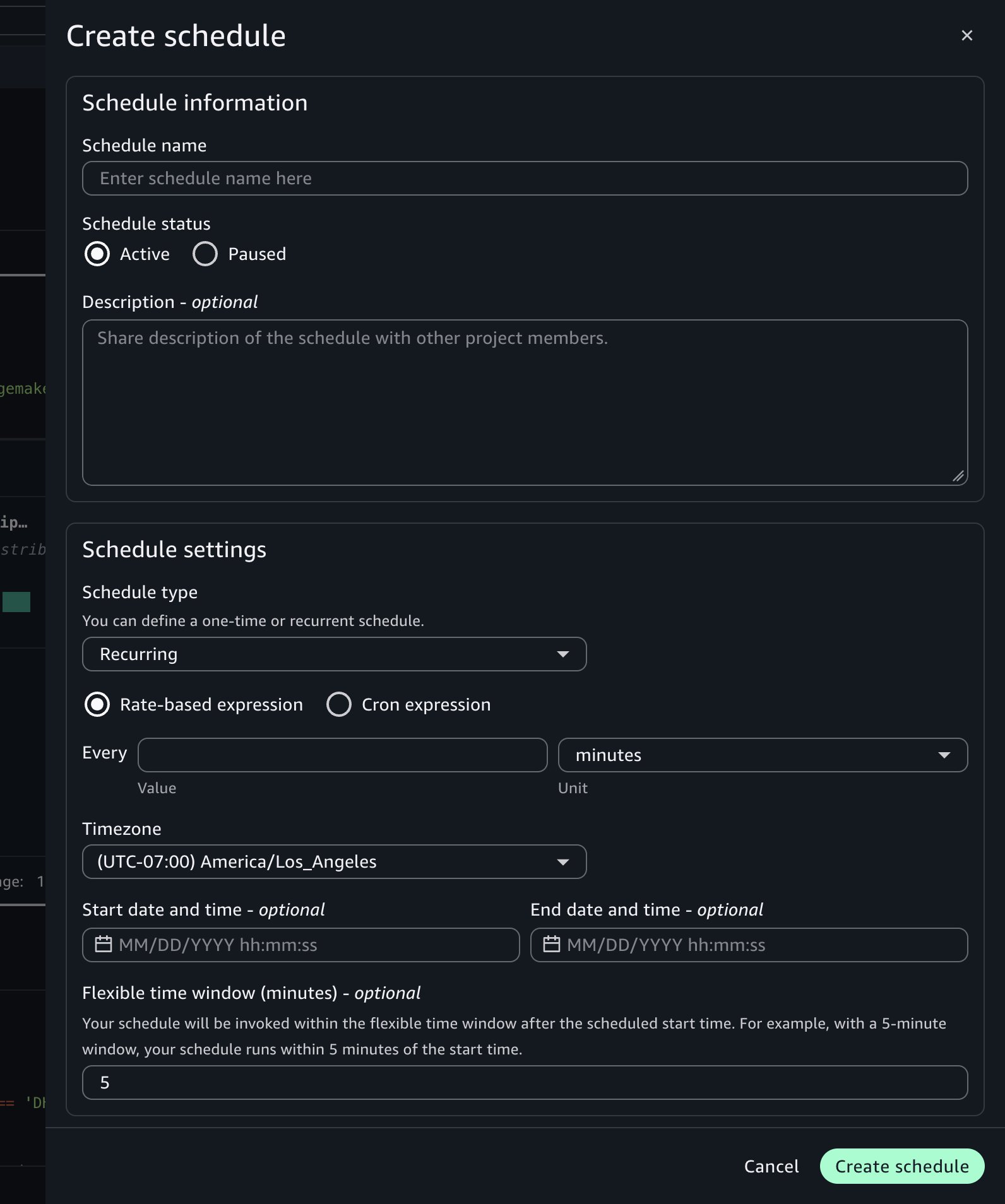 Configured schedule form with name, recurring type, daily frequency, and advanced settings populated