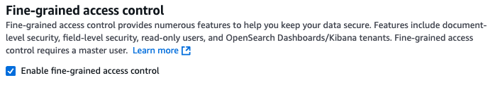 Amazon OpenSearch Service network configuration screen with VPC access selected and VPC, subnet, and security group fields populated