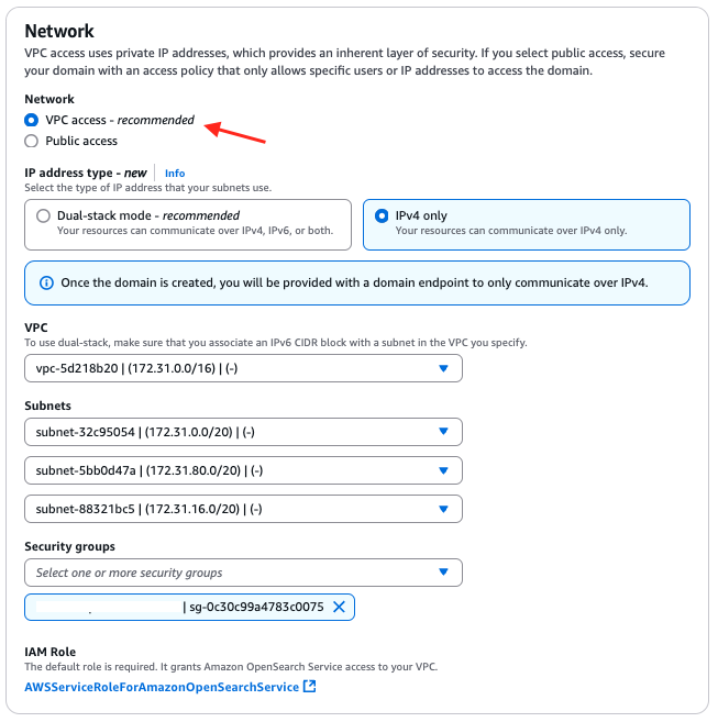 Amazon OpenSearch Service fine-grained access control configuration with an IAM ARN selected as the primary user