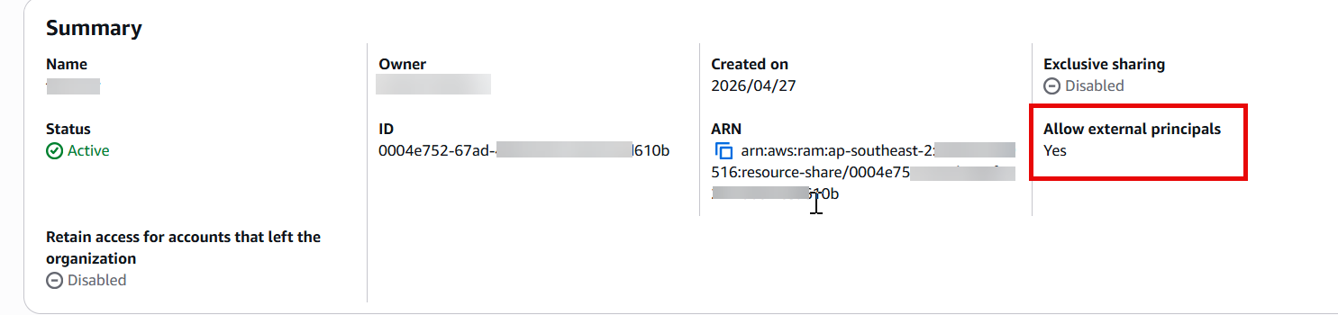 RAM resource share configuration with the Allow external principals option selected