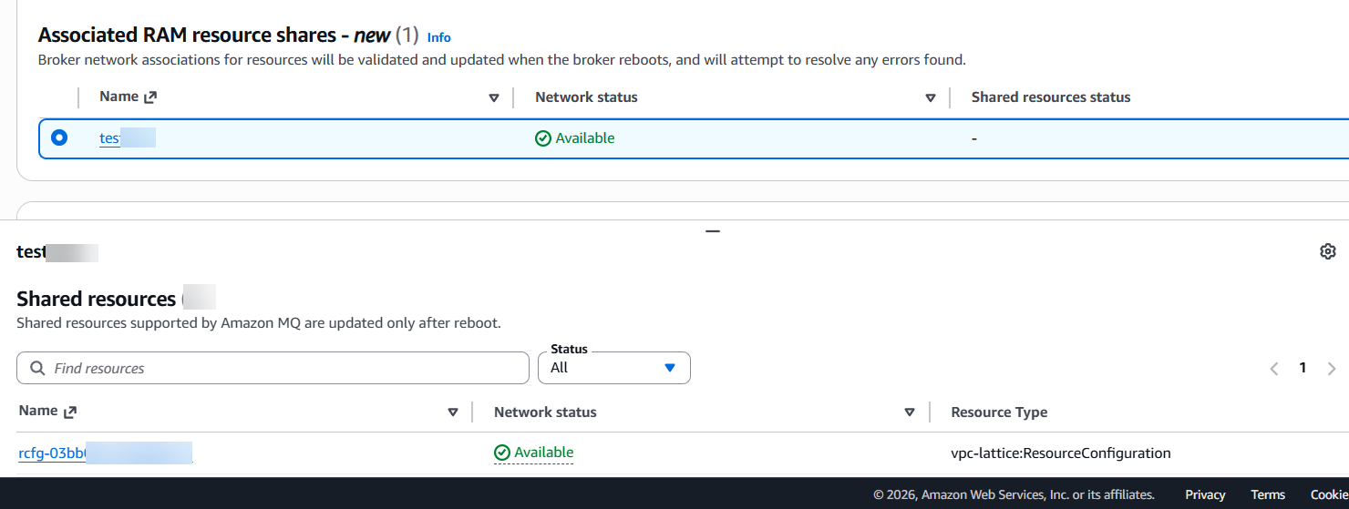 RAM resource share selection showing the network status of each shared resource