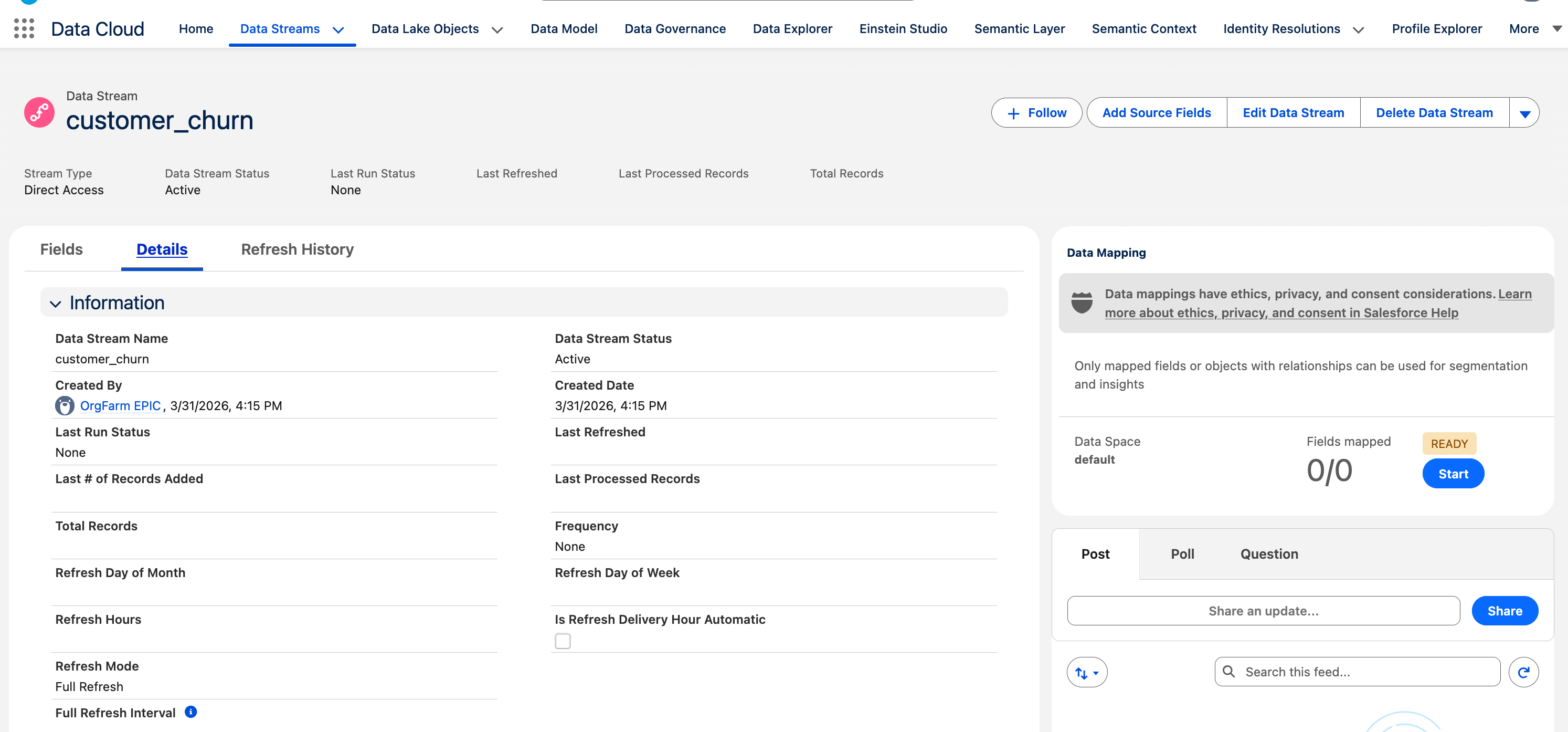Data Cloud environment showing the newly deployed data stream for the Iceberg table